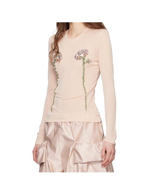 Simone Rocha Natural Embellished Double Carnation Mesh Top