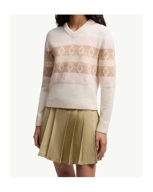 Moncler White Wool Jacquard V-Neck Sweater