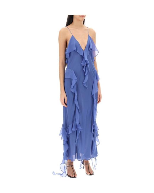 Khaite Blue Ruffle-Trim Plunging V-Neck Maxi Dress