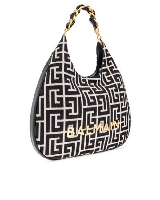 Balmain Black 1945 Soft Hobo Large Monogrammed Jacquard Tote Bag
