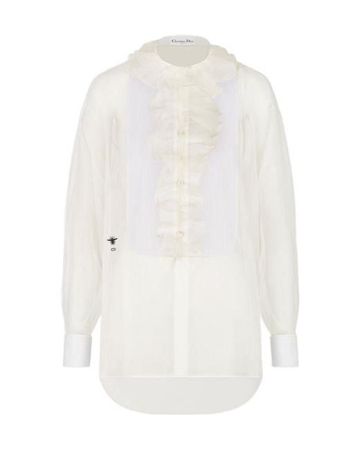 Dior White Transparent Blouse With Plastron And Removable Ruched Collar
