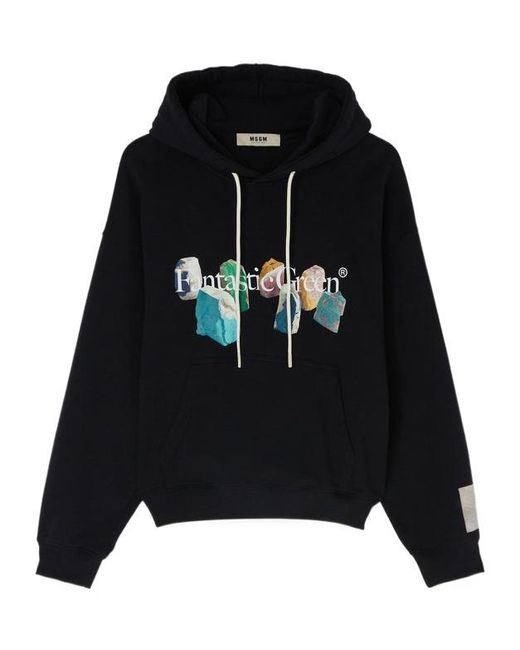 MSGM Black Slogan-Print Organic-Cotton Hoodie for men
