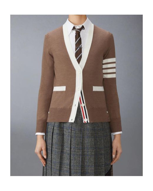Thom Browne Brown 4-Bar Striped V-Neck Cardigan