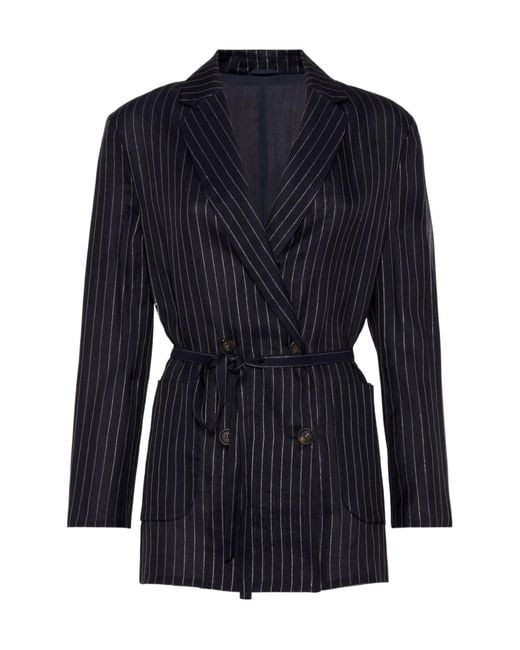Brunello Cucinelli Blue Sparkling Stripe Cotton Gauze Jacket With Belt And Necklace