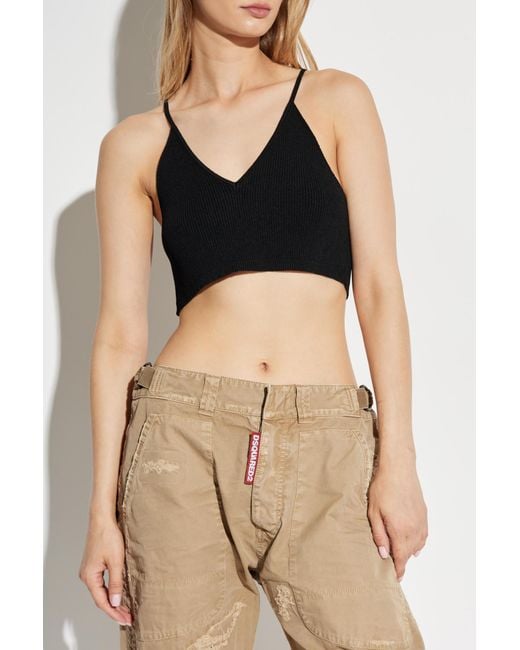 DSquared² Black Logo Plaque V-Neck Ribbed Cropped Top
