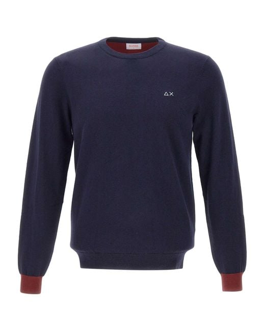 Sun 68 Blue Logo Embroidered Crewneck Knitted Jumper for men