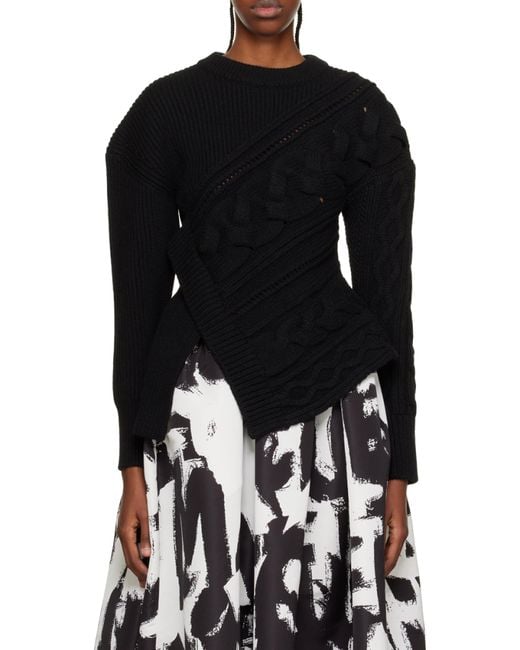 McQueen Black Asymmetric Knitted Crewneck Jumper