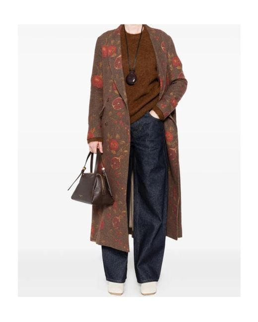 Uma Wang Brown Floral Printed Double-Breasted Coat