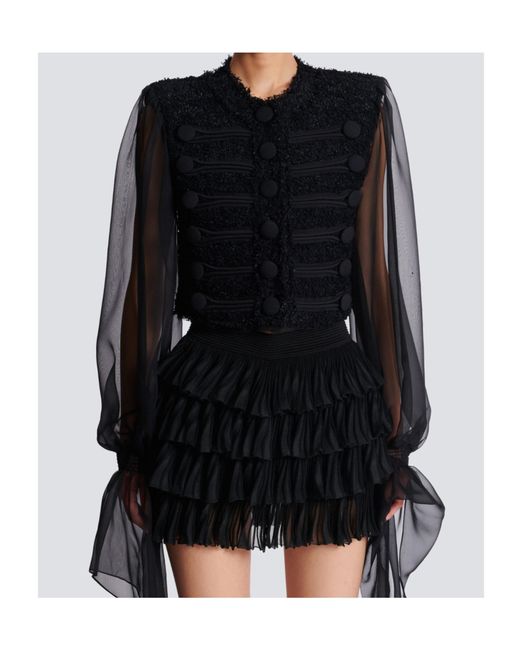 Balmain Black Chiffon-Sleeve Tweed Jacket