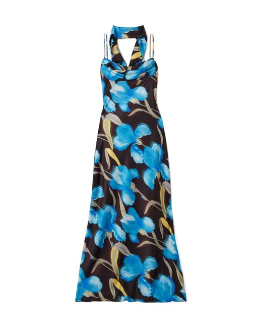 Rebecca Vallance Blue Draped Printed Satin Gown