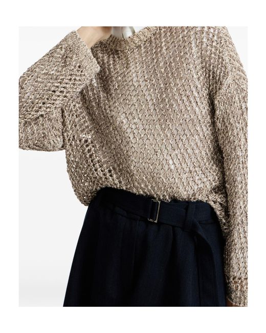 Brunello Cucinelli Brown Silk-Linen-Blend Net Sweater