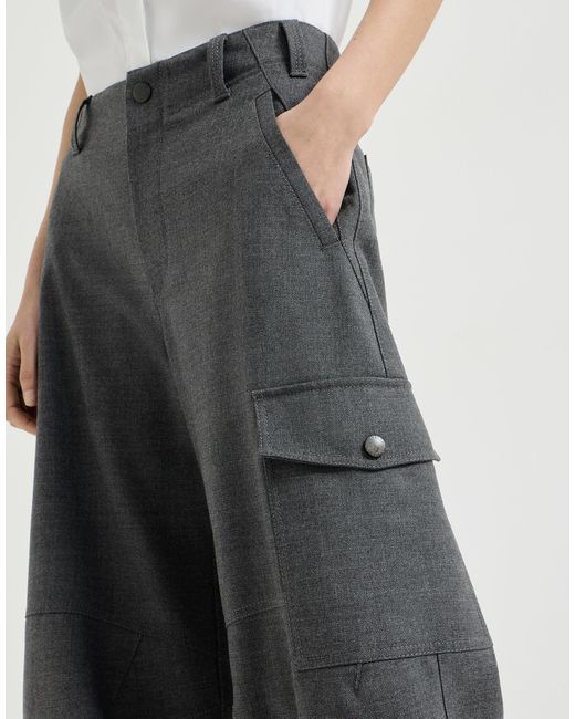 Brunello Cucinelli Gray Virgin Wool Twill Cargo Barrel Trousers With Monili