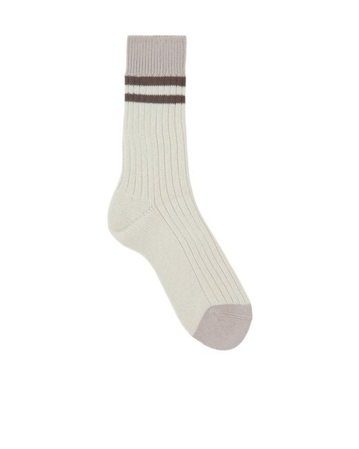 Brunello Cucinelli White Striped Ribbed-Knit Ankle Socks for men