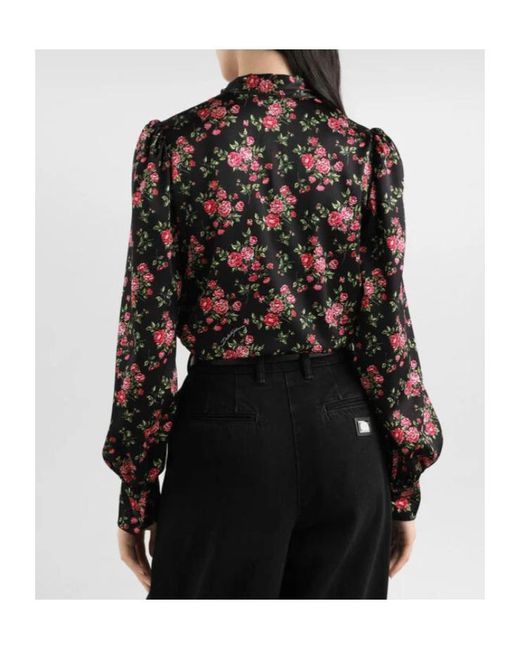 Dolce & Gabbana Black Stretch-Silk Rose Print Blouse