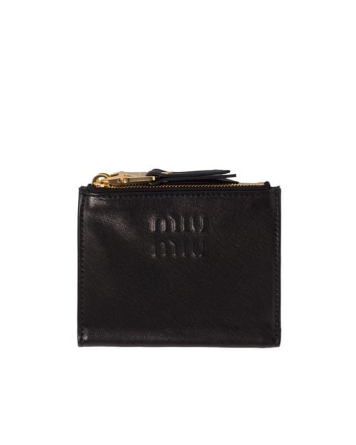 Miu Miu Black Logo Embossed Zipped Wallet