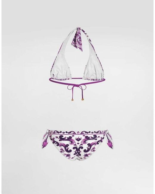 Dolce & Gabbana Purple Majolica-Printed Triangle Bikini Set