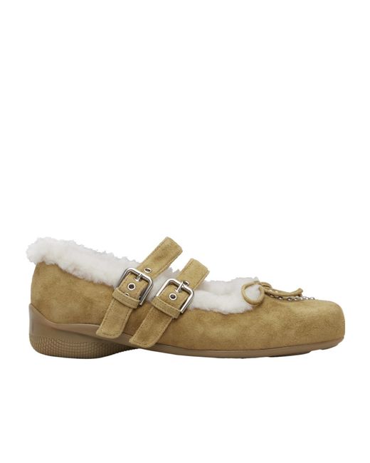 OPEN YY Brown Wool Heart-Shaped Studded Ballet Shoes