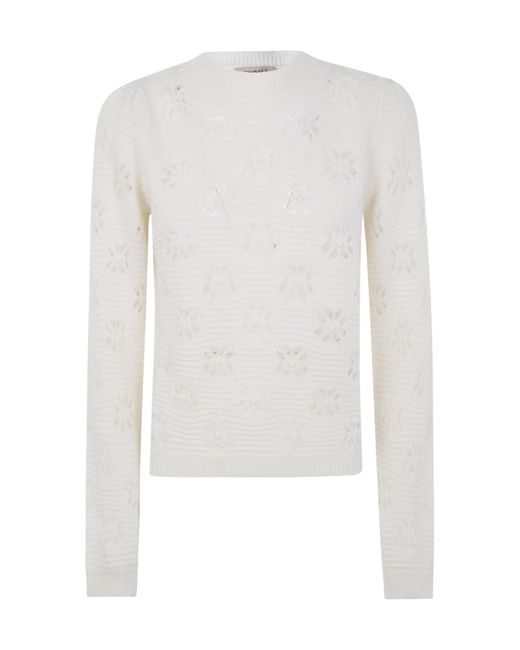 Twinset White Floral-Pattern Crewneck Knitted Jumper