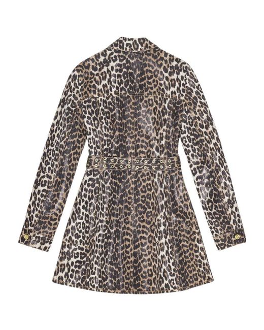 Ganni Brown Leopard-Print Denim Dress