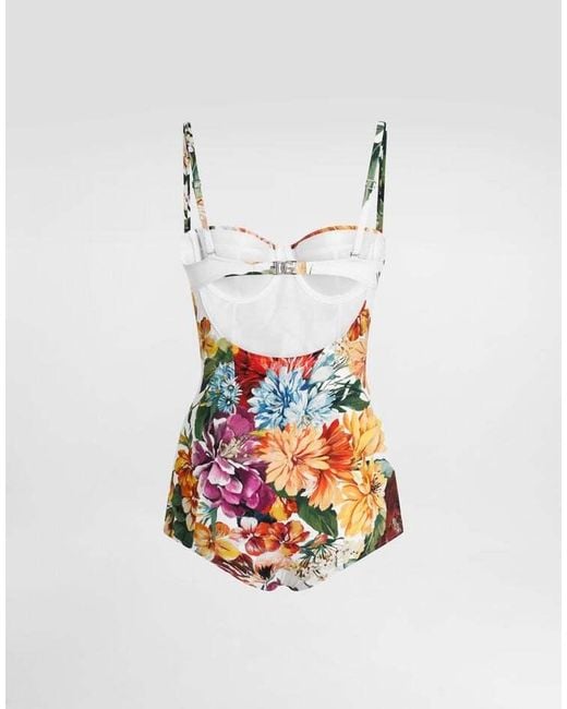 Dolce & Gabbana Red Flower Print Padded Balconette One Piece Swimsuit