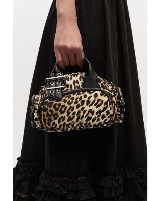 Ganni Black Leopard Printed Buckle Detailed Mini Tote Bag