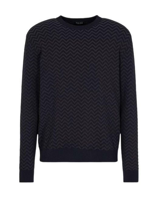 Giorgio Armani Blue Plated Chevron Crewneck Jumper for men