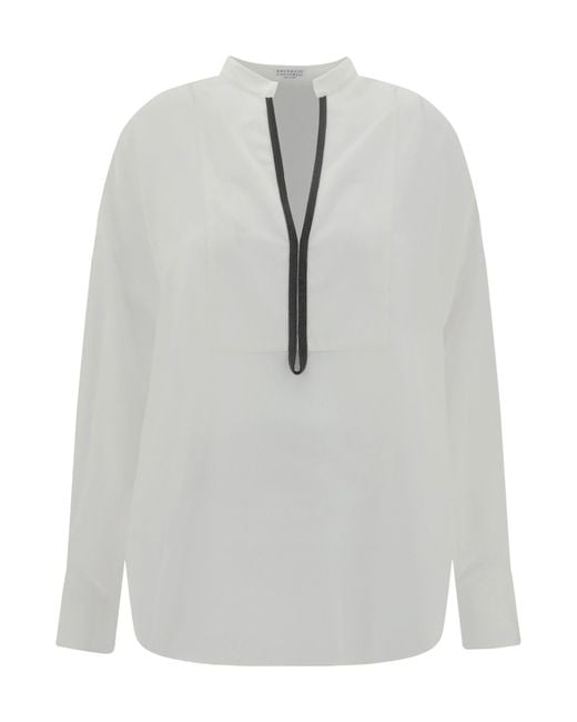 Brunello Cucinelli Gray V-Neck Blouse