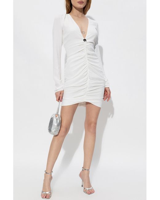 DSquared² White Long Sleeved V-Neck Gathered Mini Dress