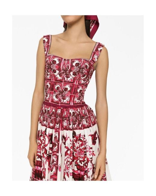 Dolce & Gabbana Red Majolica-Print Poplin Midi Dress