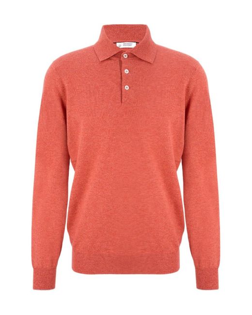 Brunello Cucinelli Red Long-Sleeved Knit Polo Shirt for men