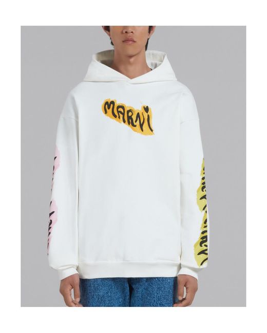Marni White Graffiti Printed Long Sleeved Hoodie for men