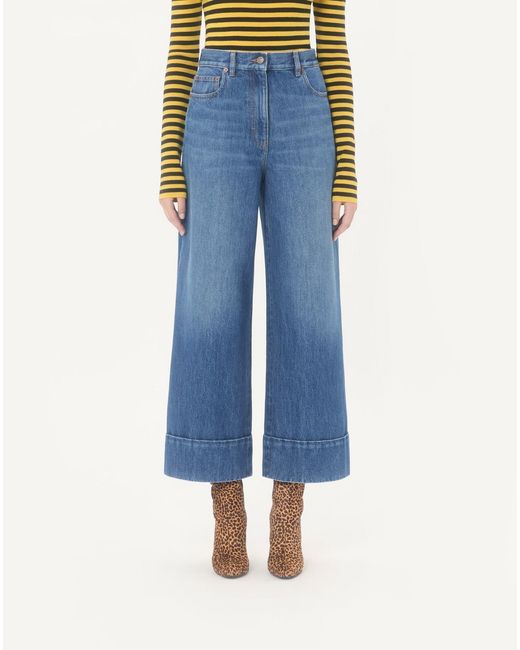 Valentino Blue Logo Plaque Cropped Jeans