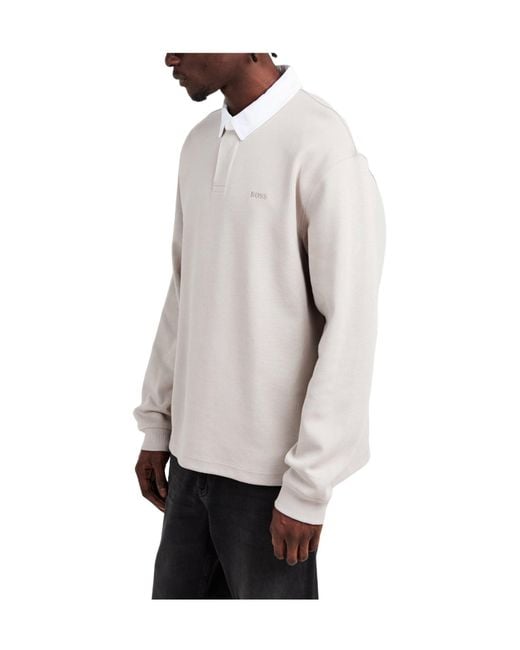Boss White Longsleeve Rugby Polo Shirt for men