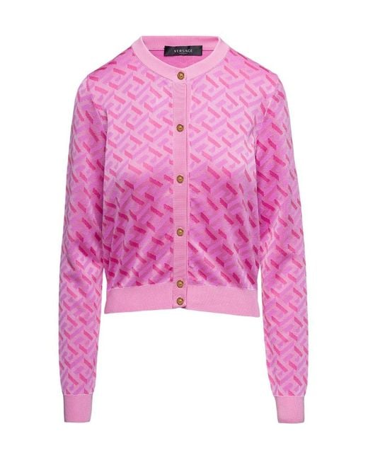Versace Pink La Greca Monogram Button-Up Cardigan