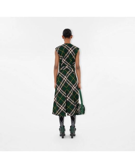 Burberry Green Check Motif Wool Midi Dress