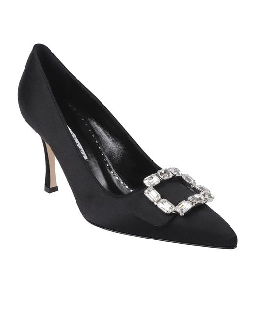 Manolo Blahnik Black Satin Embellished Buckle Pumps