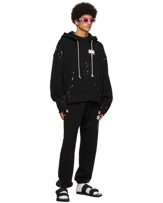 Palm Angels Black Palm-Printed Drawstring Hoodie for men