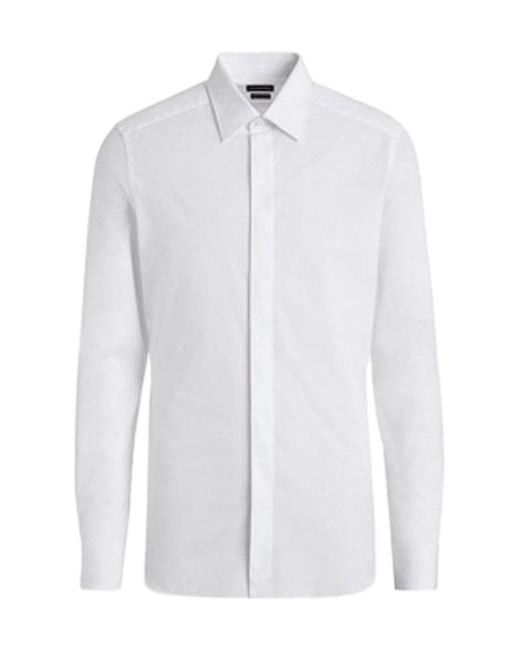 Zegna White Long-Sleeved Lapel Shirt for men