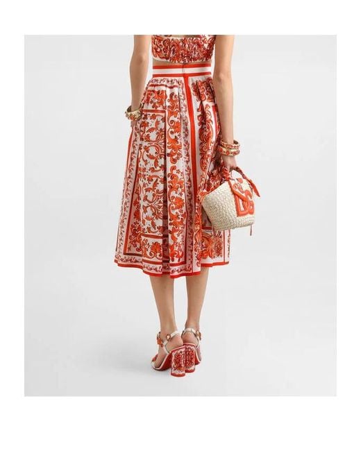Dolce & Gabbana Red Majolica-Printed Poplin Pleated Midi Skirt