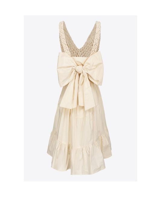 Pinko Natural Maxi Bow Detailed Open Knit Mini Dress