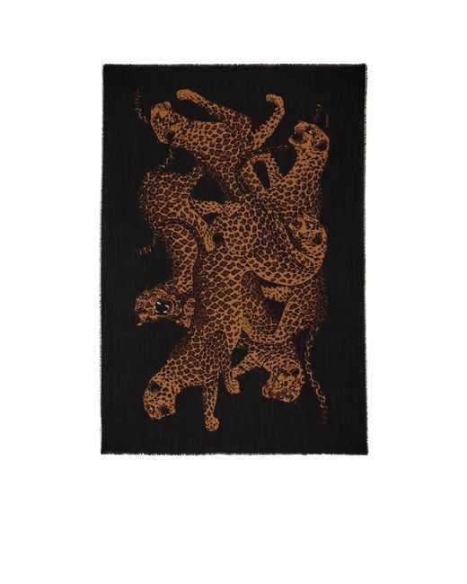 Saint Laurent Black Twill Wool Leopard Pattern Shawl