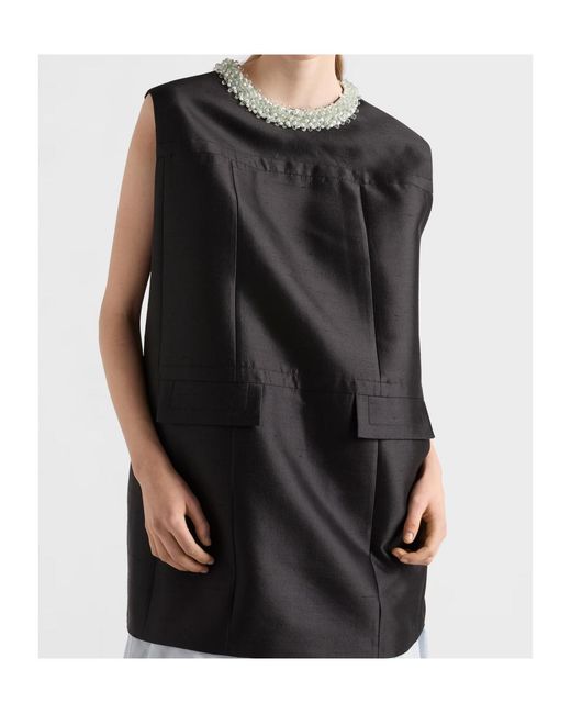 Prada Black Embroidered Double Shantung Dress
