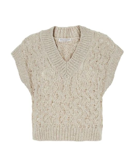 Brunello Cucinelli White Dazzling V-Neck Cable Vest