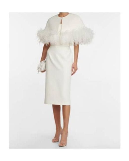 Safiyaa White Feather-Embellished Crepe Midi Dress