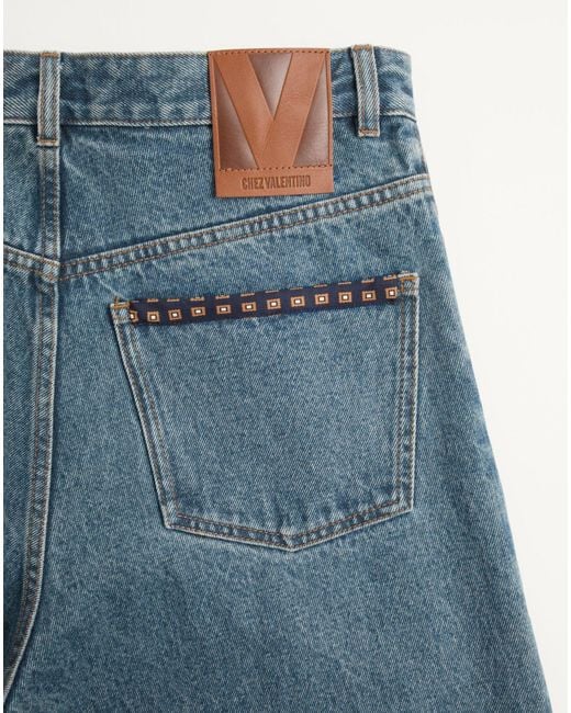 Valentino Blue Denim Trousers With Printed Border for men