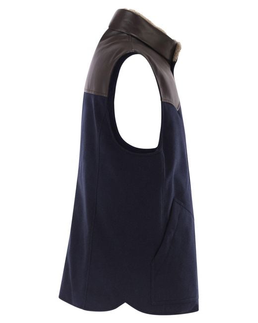Brunello Cucinelli Blue Shearling-Collar Gilet for men