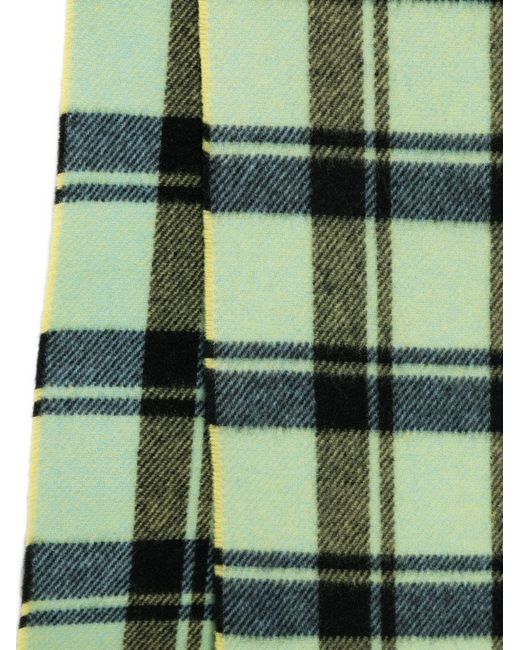 Ganni Green Logo Patch Checked Fringed Scarf