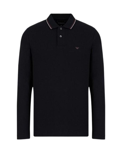 Emporio Armani Blue Micro Eagle Embroidered Long-Sleeved Stretch Pique Polo Shirt for men