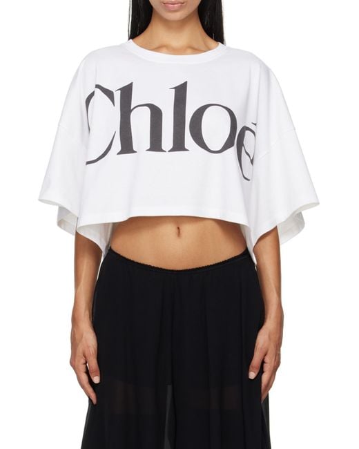Chloé White Chloé Logo Printed Crewneck Cropped T-Shirt