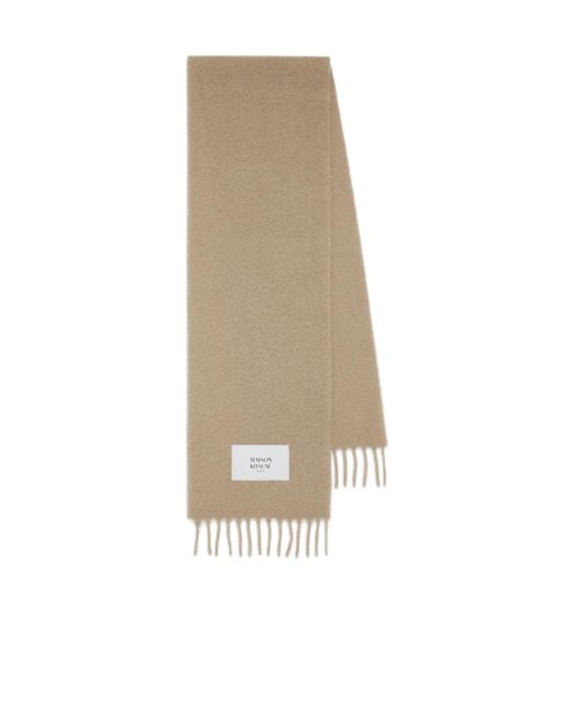 Maison Kitsuné Natural Maison Kitsuné Logo Patch Fringed Knit Scarf for men
